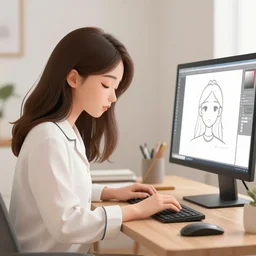 girl in pyjamas working on computer, tired bags around eyes, digital art, drawing, artstation