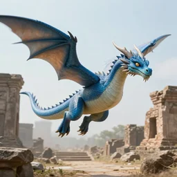 professional photo of a blue dragon with a white belly and orange eyes flying over some ancient ruins