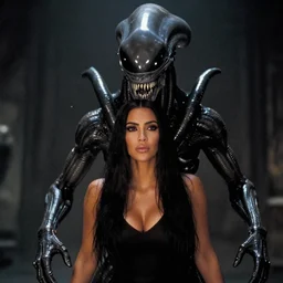 movie still of kim kardashian swallowed by alien face hugger, in the movie alien. cinematic full shot.