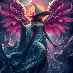photo of angelic witch, hyper detailed, flowing background, intricate and detailed, trippy, 8 k, octane render