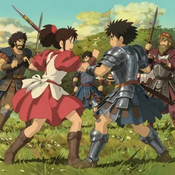 dynamic gladiator combat, in armor, deadly battle, in the style of studio ghibli, j. c. leyendecker, greg rutkowski, artgerm