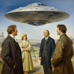 painting of a scene from an ancient historical ufo encounter, charles abel corwin, frank lloyd wright, alphonso mucha, highly detailed, oil painting, hyper realism, sharp focus