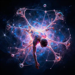 letting go of reality and experiencing the quantum feild, comic book art, cinematic, highly detailed, realistic, beautiful cosmic neural network, octane render, unreal engine
