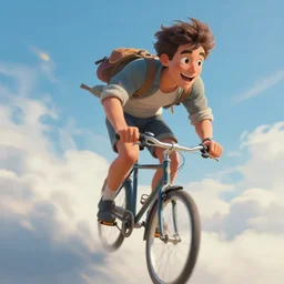 2ft away from a striking scene, a closeup painting of a happy man flying in the sky on his bicycle in the clouds, perfect expression, award-winning digital art by Ross Tran