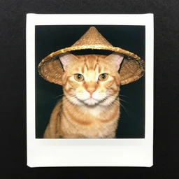 A portrait of a orange cat wearing a vietnamese straw hat, award winning photo, polaroid, color photo