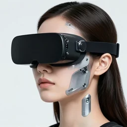 photo of young woman, close up, wearing cyberpunk vr goggles, robotic implants over face with small led lights, white background, fine art photography in the style of Bill Henson