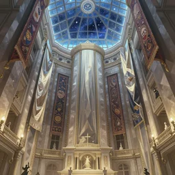 polygonal monastery with giant walls and glass ceilings showing the stars and hanging silk drapery and tapestries, light dust, magnificent, close up, details, sharp focus, elegant, highly detailed, illustration, by Jordan Grimmer and greg rutkowski and PiNe(パイネ) and 薯子Imoko and 香川悠作 and wlop and maya takamura, intricate, beautiful, Trending artstation, pixiv, digital Art