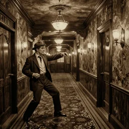 action scene sepia painting of a 1 9 2 0 s hotel hallway twisting horizontally, clyde caldwell, h. p. lovecraft, atmospheric lighting, brooding, painted, intricate, ultra detailed, well composed, best on artstation, cgsociety, epic, horror, stunning, gorgeous, intricate detail, much wow, masterpiece, cinematic aesthetic octane render, 8 k hd resolution,