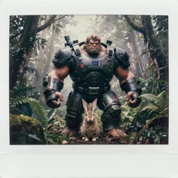 full shot!!!!! swat armo armored hulked oversized barbarian rugged rabbit!!!, fog, in deep jungle forest jungle, overcast!!! cinematic focus, polaroid photo, vintage, neutral colors, soft lights, overcast, foggy, full shot by steve hanks, by serov valentin, by lisa yuskavage, by andrei tarkovsky