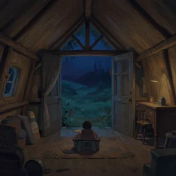 night inside hut, night, color, best composition, best perspective, cinematic, art style david le merrer, artstation trending