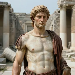 portrait of Achilles, standing in ruins, fallen columns, highly detailed face, photo realistic, sharp facial features, tom chambers photography