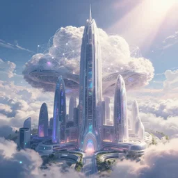 intricately patterened modern architecture concept angelic anime heaven lonely world still shining through faintly rainbow led lights, beautiful surreal scenery artwork pixiv. gigantic architectural modern design node network of cloud computing soul dust. unthinkable dream cloud computer infinites. sublime god lighting, sun rays, cold colors. insanely detailed, artstation!! pixiv!! infinitely detailed
