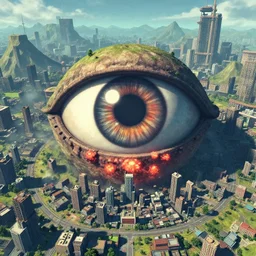 aerial shot of eye of chutulu from terraria destroying city, by Craig Mullins and Hiroshi Yoshida