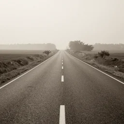 sepia photo of a road with no end, dust smog in background, photorealistic, tonemapped