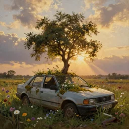a tree growing on an scrap car overgrown by flowers, grass and moss. a soft golden sunset through the clouds. hyperrealistic, highly detailed, cinematic, ray of golden sunlight, beautiful, cgsociety, artstation, 8 k, oil painting by greg rutkowski, by artgerm, by wlop
