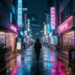 photo of a rainy night in a street in seoul, storefronts are made out of neons, a cyberpunk woman is walking in the middle of the street. hyper realistic rendering photography, long shot, 4 k