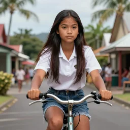 a beautiful fijian college girl with straight shiny dark hair is riding a bicycle through her quaint island town, background is fiji, character concept, digital illustration, art by artgerm, trending on artstation, symmetrical facial features, intricate, elegant, smooth, amazing detail, concept art, sharp focus, cinematic lighting