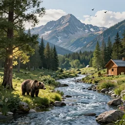 « mountain in the background, a river in the middle ground, trees, a bear near a tree, glowing light, photorealistic, unreal engine 5, sharp focus, some rocks in the river, some birds in the sky, and a small woody house on the right far »