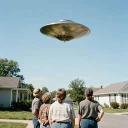 an old photo of people looking at metal saucer flying in the skin on the neighborhood