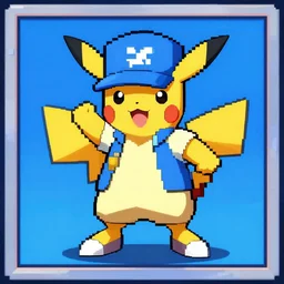Pokemon trainer with a blue hot, pixel art