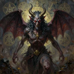 portre of a demon, masonic and kabalistic symbols in background, oil painting