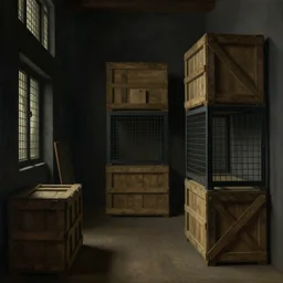 a beautiful painting digital  of a dark alley room at night with wooden crates metal grids by Pieter Claesz,