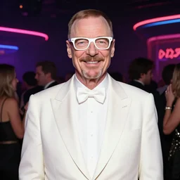 walter white in a white tuxedo, wearing white glasses, extremely happy in a busy night club with neon lights everywhere