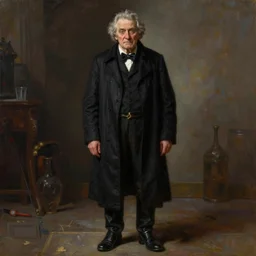 full body portrait of an old stooped manservant grey hair with full length black coat, black boots, painting by james guthrie, digital painting, realistic, hyper realistic, photorealism, expressive emotions, octane render