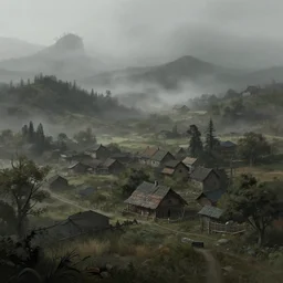 matte painting of a countryside landscape of a village. gloomy, fog, elaborate, detailed digital art trending in artstation