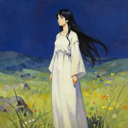 the lone priestess of evermoon valley. this gouache painting by the award - winning mangaka has an interesting color contrasts.
