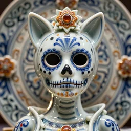 La Catrina, A Close up photo-real delicate ceramic porcelain sculpture of a symmetrical ornate detailed in front of an intricate background by Victo Ngai and takato yamamoto, micro detail, backlit lighting, face in focus, subsurface scattering, translucent, thin porcelain, octane renderer, colorful, physically based rendering, japanese pottery, trending on cgsociety
