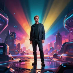 Gabe newell enters the metaverse, futuristic, cyber, striking, impactful, colorful
