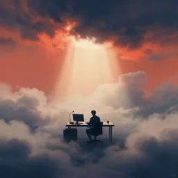editorial illustration by karolis strautniekas and mads berg, home office, liquid clouds, fog, lonely silhouette, red orange blue beige, fine texture, detailed, muted colors, film noir, dramatic lighting, dynamic composition, vivid, matte print, wide angle, ( ( sunbeams ) ), moody, extreme perspective