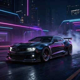 widebody all black audi camaro b 6 ( 2 0 0 5 ), need for speed : carbon, at night, sci - fi, neon lines, phonk music background, smoke behind wheels, noise, dark, establishing shot, by simon stalenhag