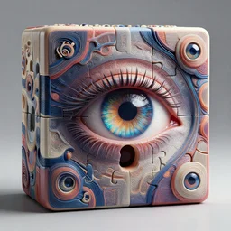portrait of dreamlike giant eye puzzle lock cube, intricate abstract. intricate artwork, by tooth wu, wlop, beeple, dan mumford. concept art, octane render, trending on artstation, greg rutkowski very coherent symmetrical artwork. cinematic, key art, hyper realism, high detail, octane render, 8 k, iridescent accents