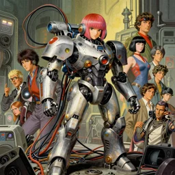 cyberpunk mechwarrior, a lot of cables and wires around, by ayami kojima, by francis bacon, by amano, by karol bak, greg hildebrandt, by mark brooks, part by alex grey, by zdzisław beksinski, by takato yamamoto, vintage, ultra detailed, 8 0's sci - fi