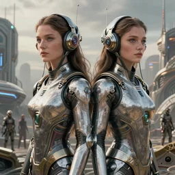 beautiful sci - fi twins, fantasy art, ultra realistic, cinematic, total recall tech, wide angle, highly detailed by wayne barlowe, boris vallejo, raf grassetti neville page, aaron horkey, craig mullins, roberto ferri, hajime sorayama, artstation