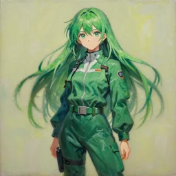 oil painting of an anime girl with green, long hair wearing a jumpsuit