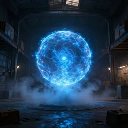 post apocalyptic wharehouse interior with blue energy orb engulfed in smoke, cinematic, low light, hyperrealistic
