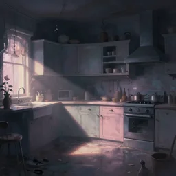 dark pastel colors, darkness, abyss, apocalyptic kitchen, dramatic lilghting, bloom, by greg rutowski