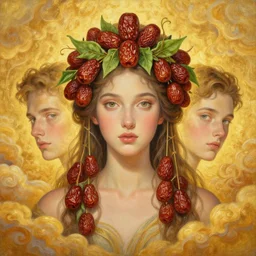epic painting portrait photography beautiful goddess with golden glow background, drawing, intricate, sweet dried date fruits and green tea crown, symmetrical front, by amy leibowitz, wlop, jeremy lipkin, beeple, intricate, artgerm, ilya kuvshinov, golden clouds background, centered