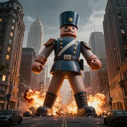 hyperrealistic giant toy tin soldier destroying city, stunning, realistic, highly detailed attributes and atmosphere, dim volumetric cinematic lighting, 8 k octane extremely hyper - detailed render, post - processing, masterpiece, sky, art deco buildings, windows, cars, explosion, street view