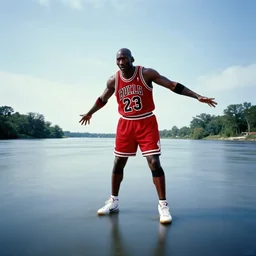 michael jordan confused and lost, kaskaskia river, single point perspective, dynamic composition, kodachrome, long exposure,