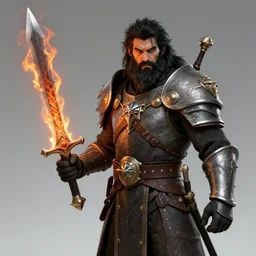 strong young man, photorealistic bugbear ranger holding aflaming sword, black beard, dungeons and dragons, pathfinder, roleplaying game art, hunters gear, jeweled ornate leather and steel armour, concept art, character design on white background, by studio ghibli, makoto shinkai, kim jung giu, poster art, game art