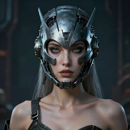 sexy beautiful woman with cats eyes, head made of mech mask rendered in unreal engine, movie shot from the witcher, cyberpunk universum, dark scifi, painted by carne griffiths and beksinski