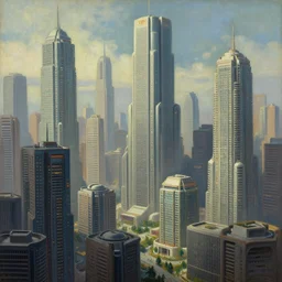 a painting of a futuristic city surrounded by tall buildings, a detailed matte painting by filip hodas, cgsociety, retrofuturism, dystopian art, matte painting, concept art | by filip hodas :. 1 | cgsociety :. 8 | retrofuturism :. 3 9 | dystopian art :. 3 3 | matte painting :. 0 9 | concept art :. 0 8