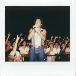 polaroid old photo of singer tim maia singing in an brazil 1 9 8 0 big concert, and people enjoying the show, color photo, colored, ( sony a 7 r iv, symmetric balance, photolab, lightroom, 4 k, dolby vision, photography award )