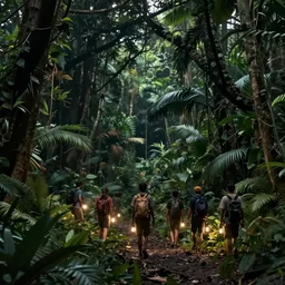 « dark jungle, group of persons exploring with lamps, far view, unreal engine 5, photorealistic »