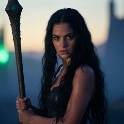epic photo of young mila kunis as beautiful d & d sorceress with very long black hair, battle scene, holding her wizard staff, sweaty, neutral expression, perfect likeness, rim light glow, low contrast, soft light, low light, blue hue, shallow depth of field, photorealistic, cinematic lighting, lovely bokeh, warm colours, hazy sunset, movie quality, green glow from the left, excalibur 1 9 8 5, movie still, cinemascope