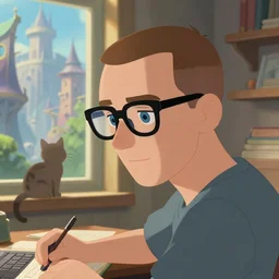 clean shaven brown haired man with thick black glasses, blue eyes, close up portrait, sitting at desk, cat on shelf, studying, fantasy city outside window, adjacent window, greg rutkowski, lofi, profile view